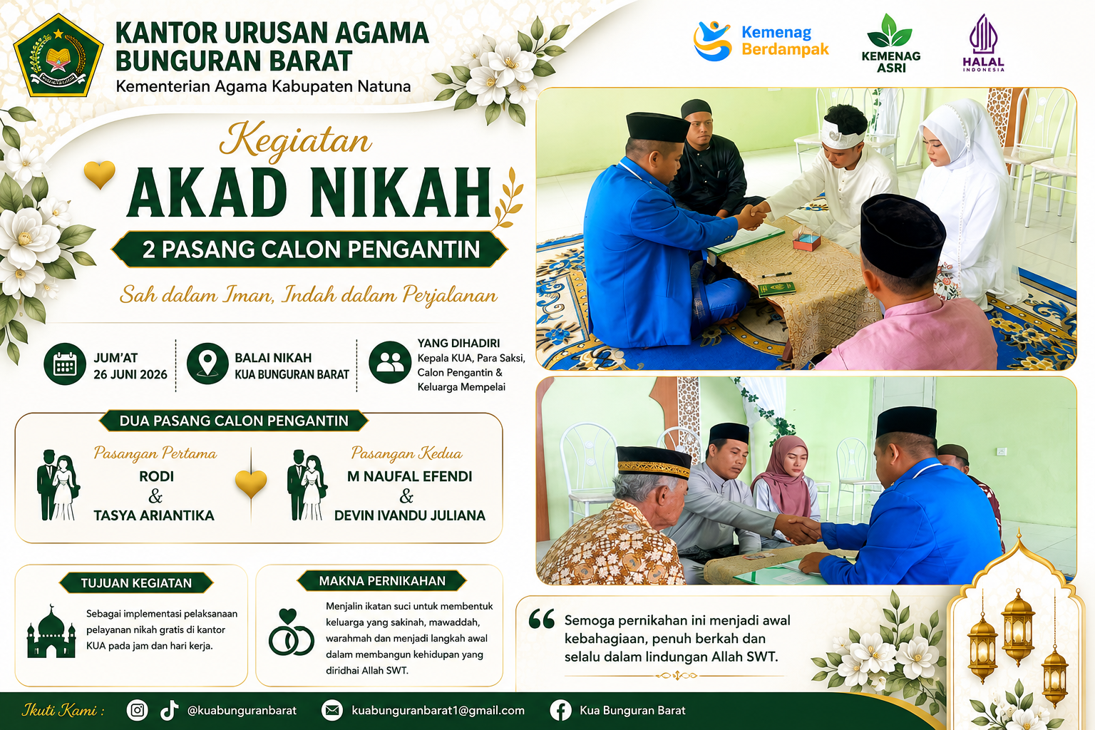 Dua Pasang Pengantin Manfaatkan Layanan Nikah Gratis di KUA Bunguran Barat
