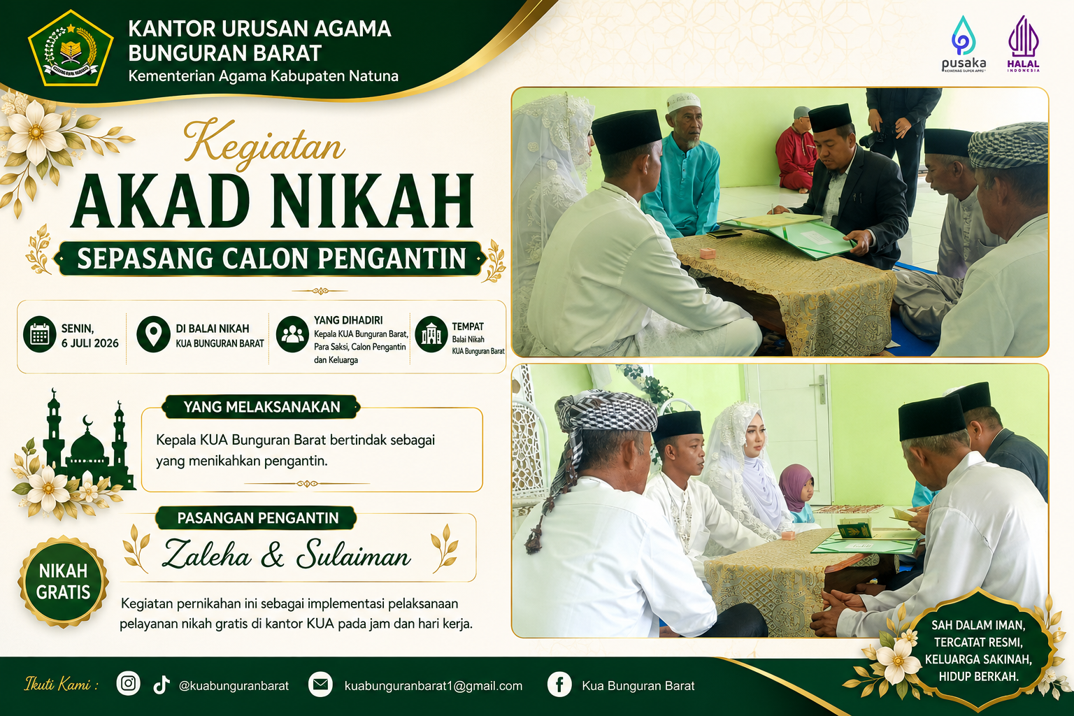 Layanan Nikah Gratis di KUA Bunguran Barat Kembali Dimanfaatkan Masyarakat