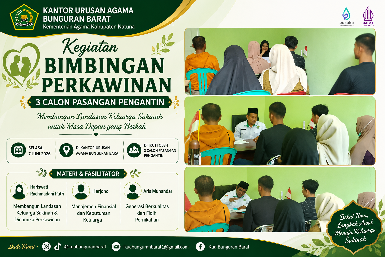 Bekali Catin Hadapi Dinamika Rumah Tangga, KUA Bunguran Barat Angkat Pentingnya Komunikasi, Keuangan Keluarga, dan Generasi Emas