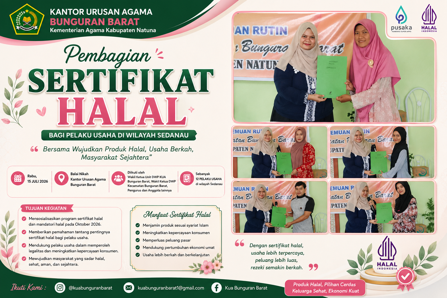KUA Bunguran Barat Serahkan 12 Sertifikat Halal, Perkuat Pendampingan Pelaku Usaha Menuju Mandatory Halal 2026