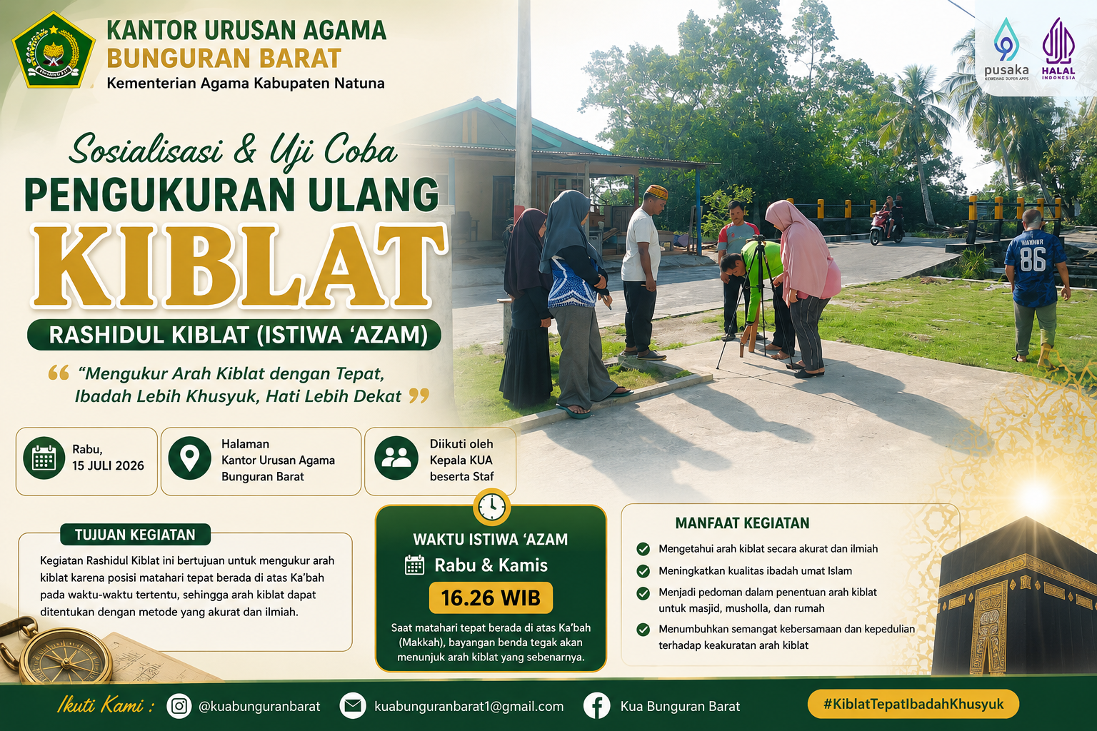 KUA Bunguran Barat Gelar Sosialisasi dan Simulasi Pengukuran Arah Kiblat Jelang Fenomena Rashidul Kiblat