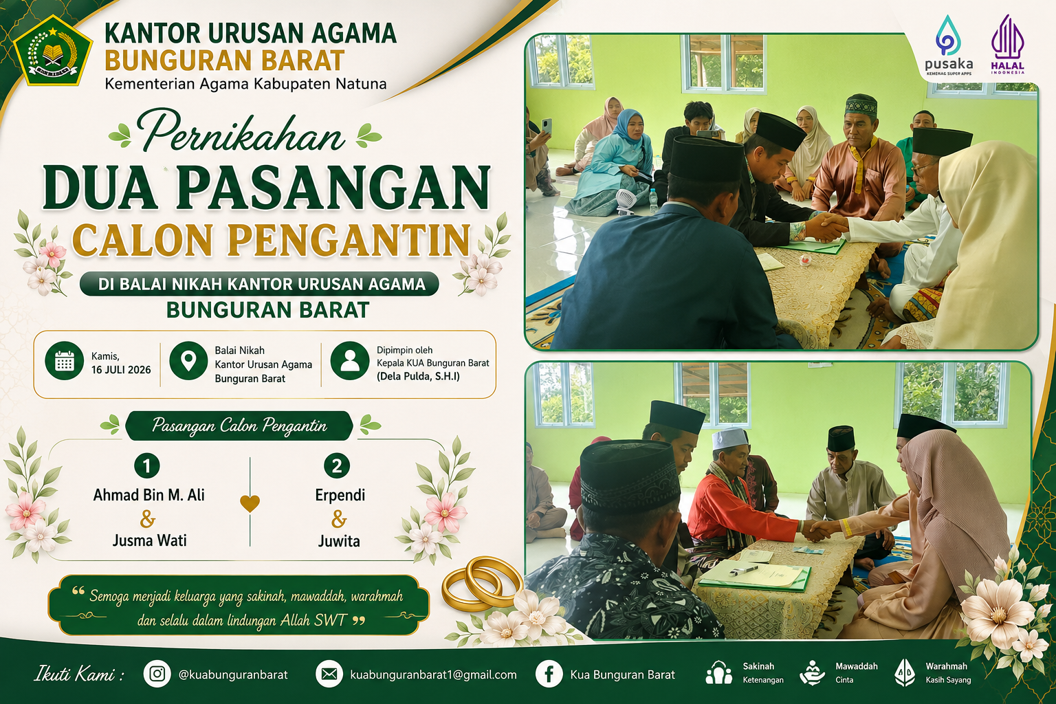 KUA Bunguran Barat Layani Akad Nikah Dua Pasangan Pengantin, Wujudkan Pelayanan Prima dan Humanis