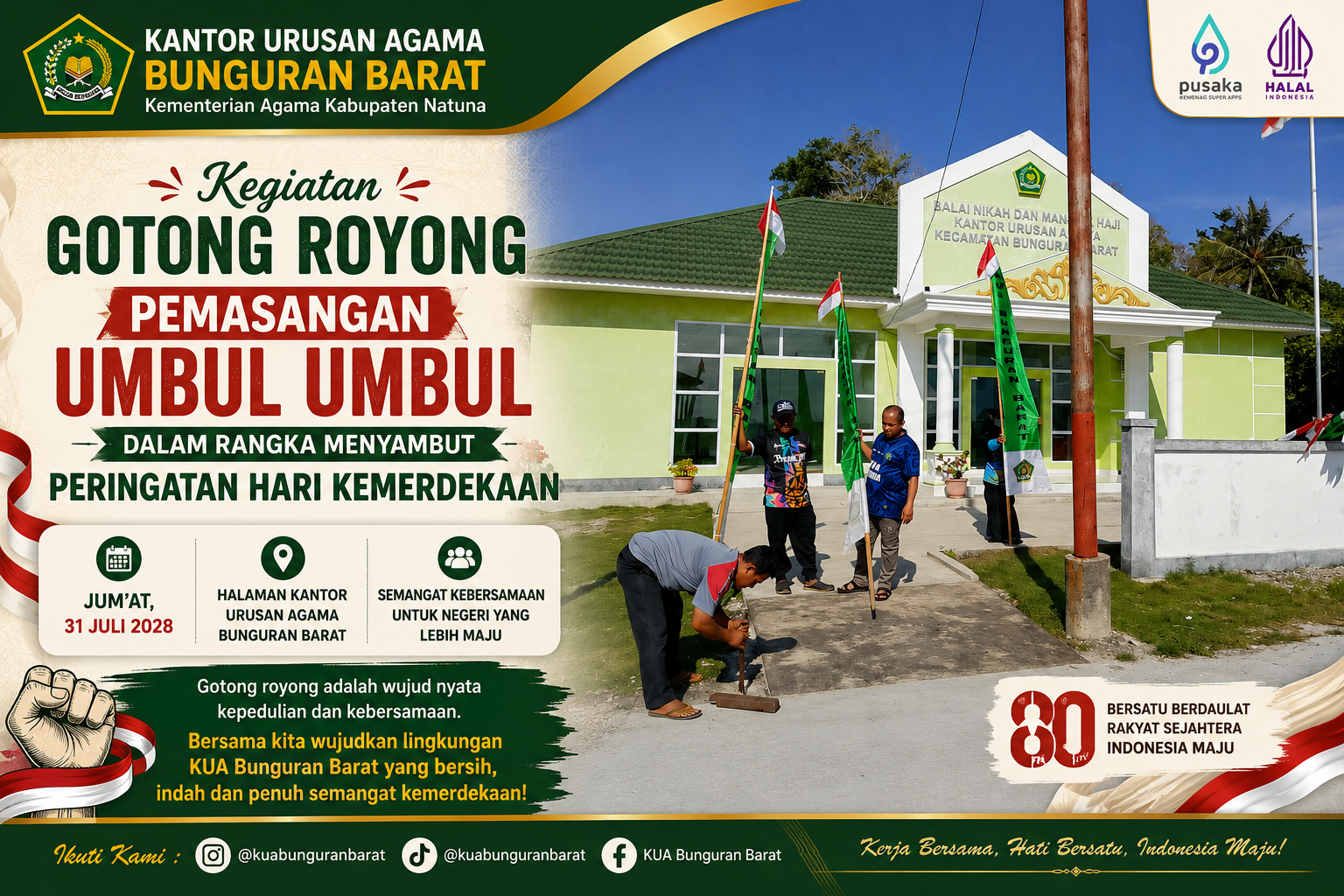 Sambut HUT Ke-81 RI, KUA Bunguran Barat Gelar Gotong Royong Pemasangan Umbul-Umbul
