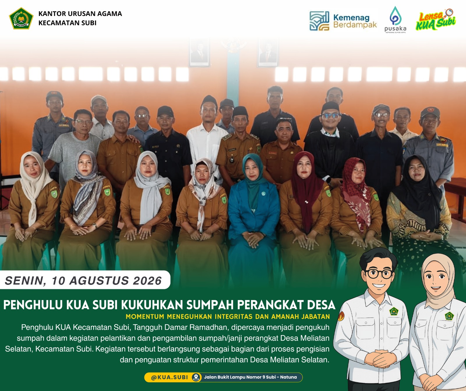 Penghulu KUA Subi Jadi Pengukuh Sumpah dalam Pelantikan Perangkat Desa Meliatan Selatan