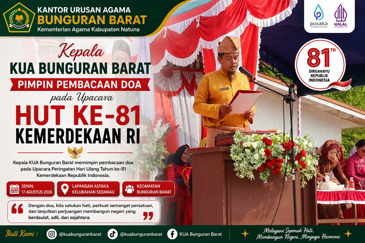 Kepala KUA Bunguran Barat Pimpin Pembacaan Doa pada Upacara HUT ke-81 Kemerdekaan RI