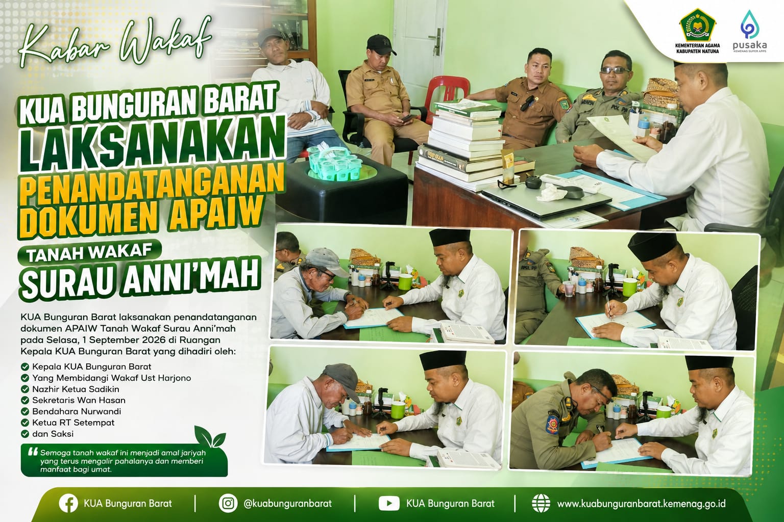 KUA Bunguran Barat Laksanakan Penandatanganan Dokumen APAIW Tanah Wakaf Surau An-Nikmah Kelurahan Sedanau