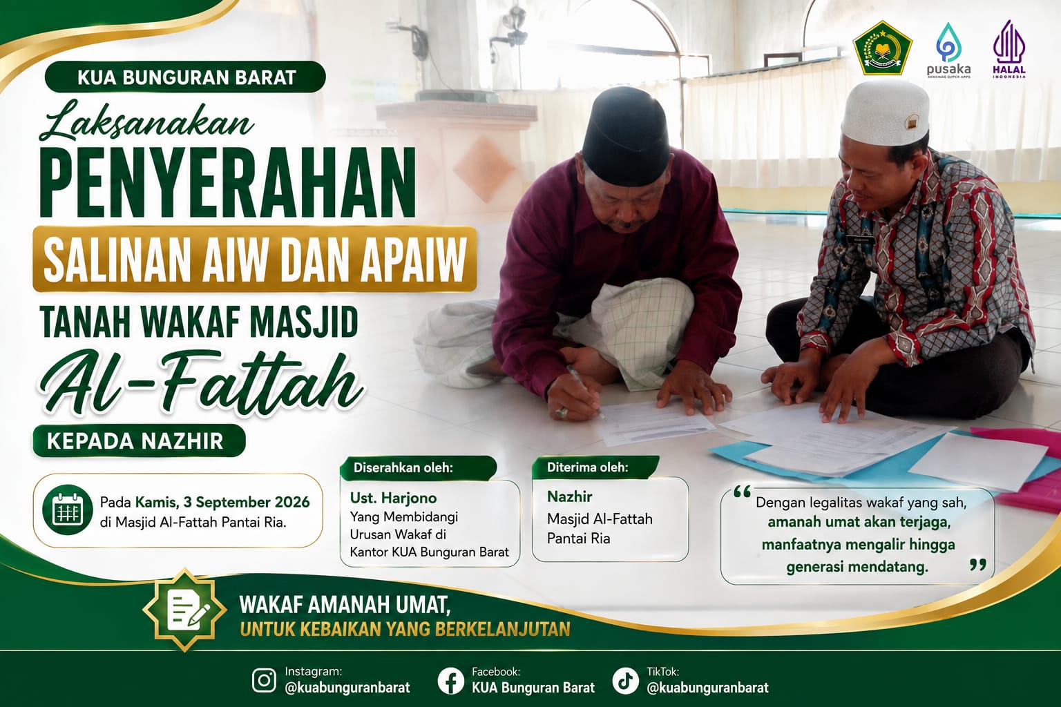 KUA Bunguran Barat Serahkan Salinan AIW dan APAIW Tanah Wakaf Masjid Al-Fattah