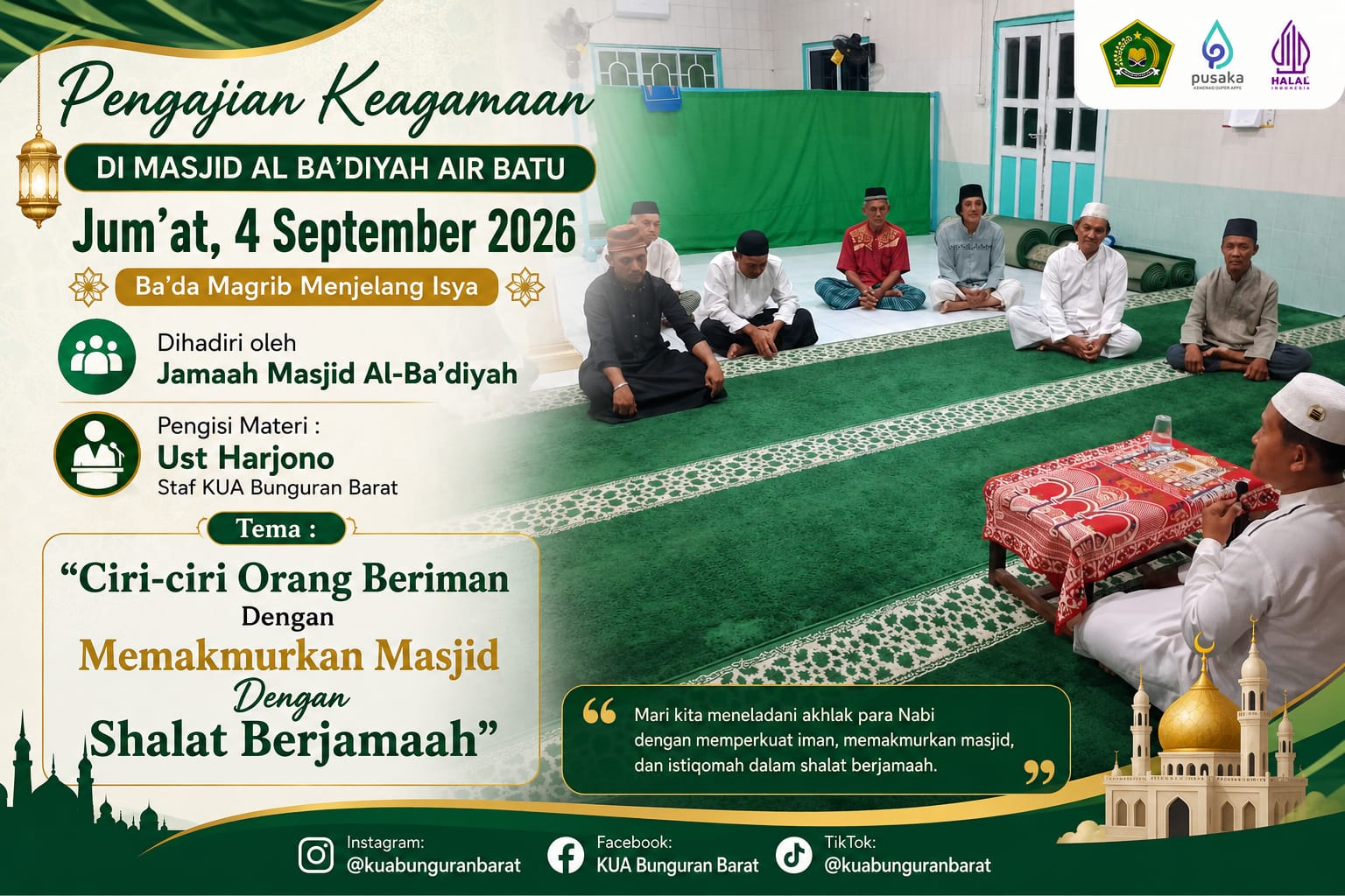 Pengajian di Masjid Al-Ba’diyah, KUA Bunguran Barat Dorong Jamaah Istiqamah Shalat Berjamaah