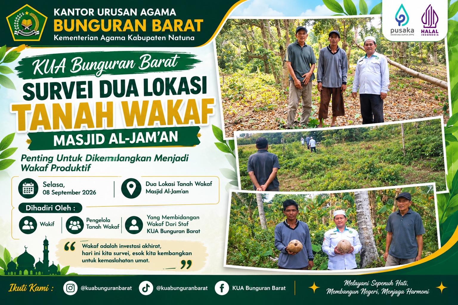 KUA Bunguran Barat Survei Dua Lokasi Tanah Wakaf Masjid Al Jam'an Penyong untuk Dikembangkan Menjadi Wakaf Produktif